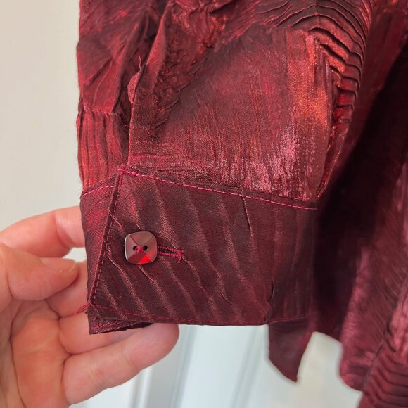 Notations Women Size 1X Burgundy Red Shimmer Holiday Long Sleeve Button Up Shirt - Picture 5 of 7